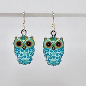 Owl Earrings Blue Owl Charm Drop on Sterling Silver French Earwires New